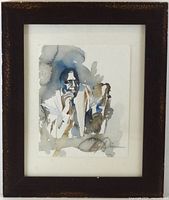 Front view showing watercolor portrait, mat and frame