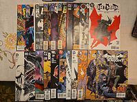 First overview of approximately 20 Batman-related comic books laid out in two rows