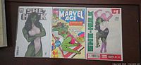Three key She-Hulk related issues including She-Hulk #1 (2022) Adam Hughes variant, Marvel Age #76, She-Hulk #1 (2004)