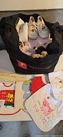 Bag with white infant shoes on top and assorted baby garments inside
