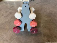 Front view of dumbbell set on rack showing pound markings