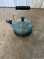 Side view of light blue enamel ice bucket showing handle, spout cap, base