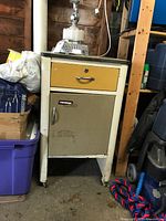 Front view of metal cabinet on casters