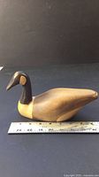 Left profile of full wood duck carving with ruler for scale
