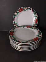 Stack of eight dinner plates with one propped showing border pattern