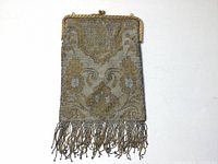 Full view of beaded metal mesh clutch with fringe and gold-tone frame