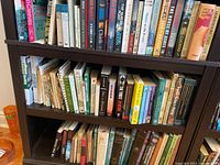 Three shelves filled with various hardcover and paperback books
