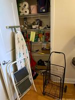 Full closet view showing ironing board, step stool, shopping cart, broom, shelves of cleaners and Shark hand vac