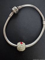 Full view of sterling silver snake chain bracelet with clasp and charm