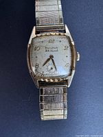 Front view of Bulova wristwatch showing case, dial and bracelet