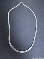 Full view of sterling silver flat chain necklace on dark background