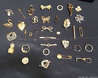 Full layout of 31 gold-tone brooches and pins on black cloth