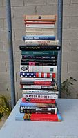 Full stack of Canadian books on outdoor table