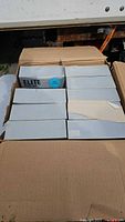 Open shipping carton containing nine grey Elite Model 2500 retail boxes