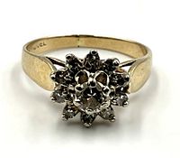 Front view of ring showing diamond cluster and shank