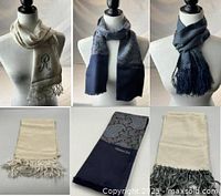 Composite image showing six scarves: three on mannequins, three laid flat