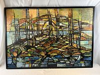 Full view of framed abstract oil painting