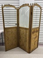 Full view of three-panel divider showing glass tops and fabric bottoms