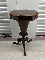 Full view of octagonal walnut sewing table