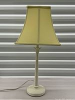 Full view of lamp with shade attached, showing overall design and proportions