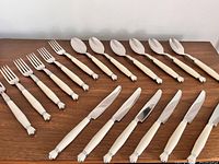 Full set of 18 ivory-handle utensils arranged on tabletop