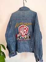 Full back view showing denim color and large embroidered Looney Tunes WB patch
