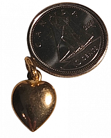 Heart-shaped yellow gold pendant beside a coin showing scale