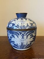 Front view of blue and white porcelain jar with lid