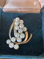 Front view of gold leaf-style brooch with pearls in box