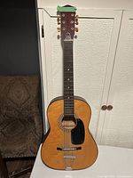 Full view of small acoustic guitar showing body, neck, headstock, pickguard, tailpiece, and missing strings