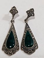 Front view of both earrings showing green onyx and marcasite design