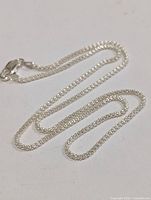 Full view of silver chain showing clasp and link style