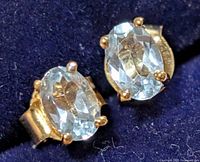 Close-up of both earrings showing oval blue topaz stones in four-prong settings