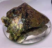 Overall view of epidote and garnet specimen on mirror base