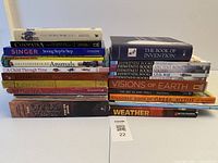 Two stacks of assorted children’s reference books