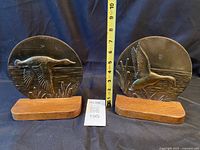front view of both bronze duck bookends with ruler for scale