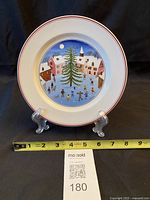 Front of plate on stand with tape showing diameter ~9 in.