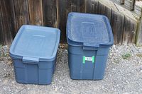 Both blue storage bins side by side outdoors