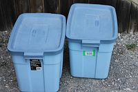 Two blue 68 L Rubbermaid Roughneck storage bins with lids