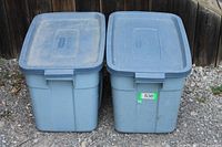 Both blue Rubbermaid storage bins side by side with lids on
