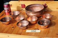 All eight copper pots with soda can for scale