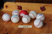 Eight baseballs on wooden surface, overall view