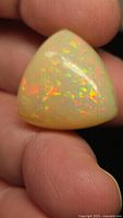 Trillion opal held between fingers showing play-of-colour