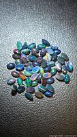 Group of oval black opal cabochons showing play of color