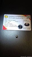 Gemstone beside Chanthaburi Gemological Laboratory certificate card showing details (natural star sapphire, 1.35 ct, hardness 9, colour black, cut oval cabochon, no indication of heating)