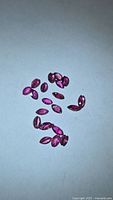 Group of loose marquise-cut pink-red rubies on flat surface