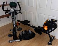 Front view showing Pooboo combo machine, rower section, bike section, accessories on floor