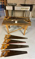 Hand saws, wooden saw horse, Workhorse stand assembled