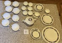 Full layout of all 49 pieces on carpet showing cups, saucers, plates and service pieces