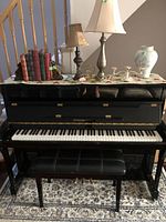 Front view of black Steigerman upright piano with bench placed on patterned rug